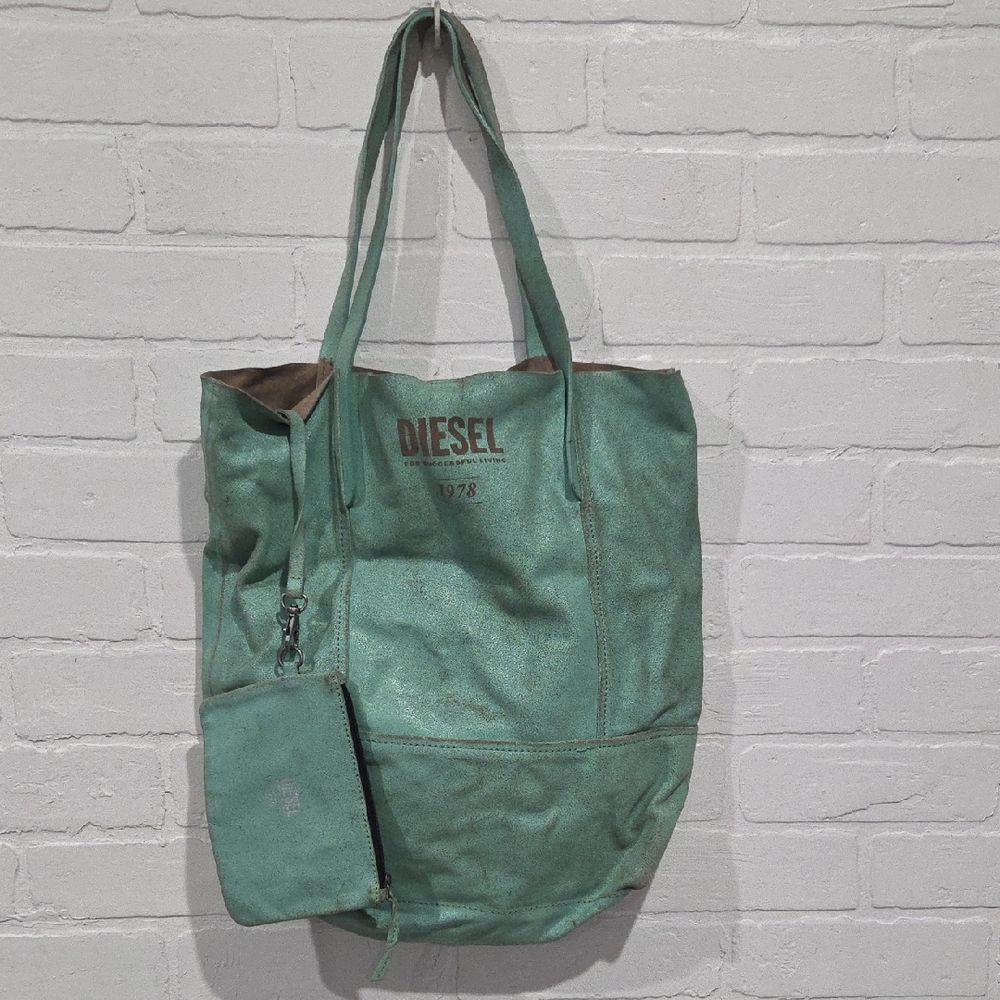 Diesel Mint Green Painted Leather Tote with Attached Pouch